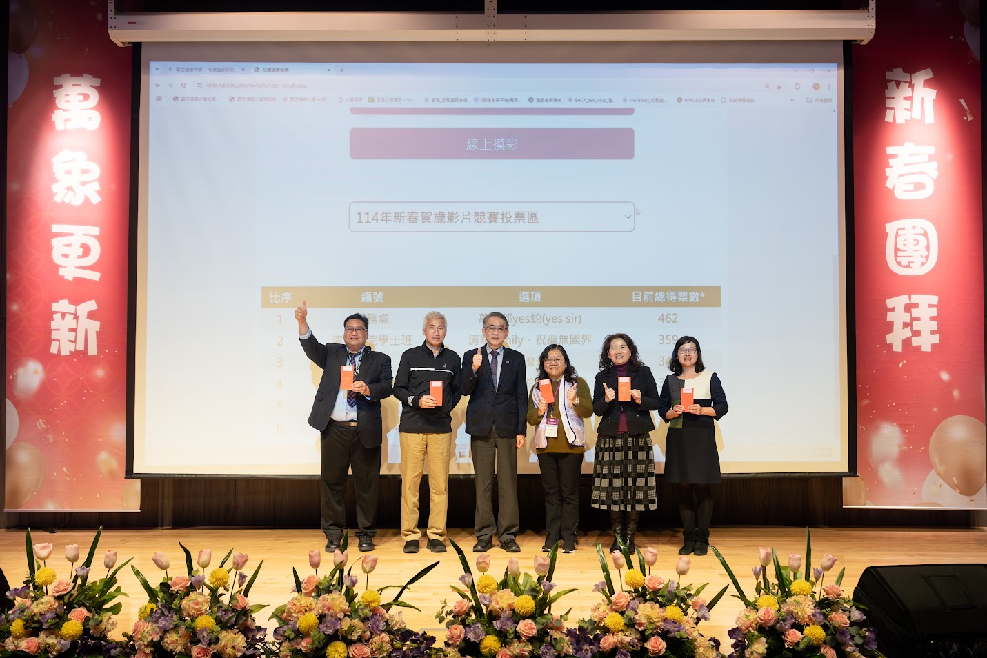 114年度新春團拜以實體會場及網路直播方式辦理，內容為校長新春賀歲致詞、抽獎、單位賀歲影片競賽及表演節目等。